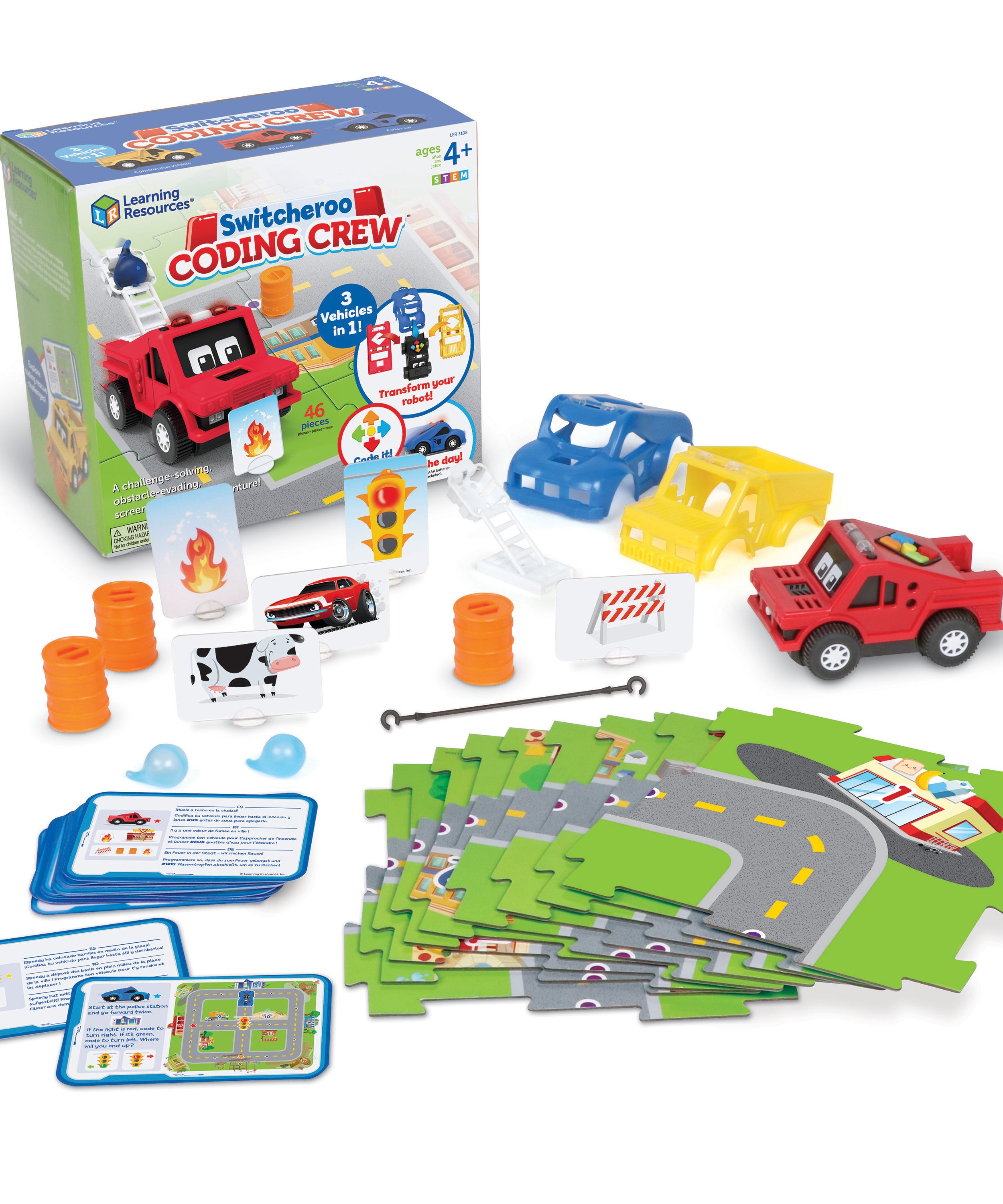 Learning Resources Switcheroo Coding Crew, 3-in-1 Screen-Free Coding Robot for Kids, Preschool STEM Toy with Interchangeable Vehicle Shells and Rescue Missions, Ages 4+