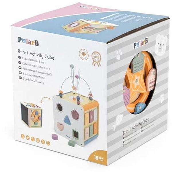 PolarB 8-in-1 Wooden Activity Cube for Toddlers, Sensory Learning Toy with Xylophone, Shape Sorter, Bead Maze, Mirror, Blackboard and More, Develops Fine Motor Skills and Creativity