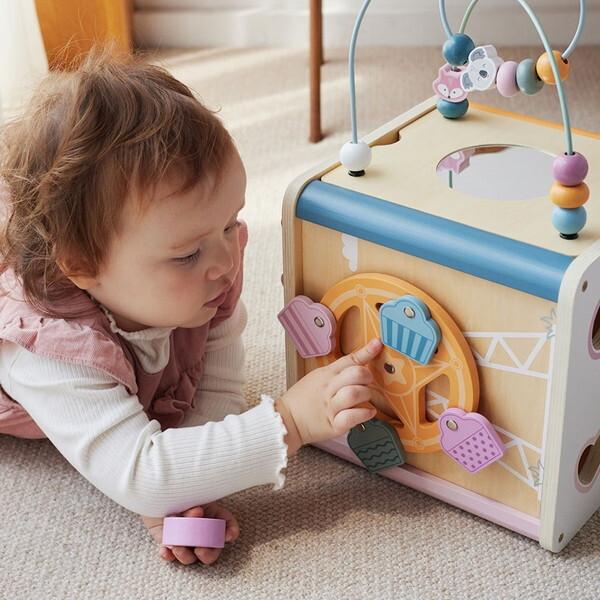 PolarB 8-in-1 Wooden Activity Cube for Toddlers, Sensory Learning Toy with Xylophone, Shape Sorter, Bead Maze, Mirror, Blackboard and More, Develops Fine Motor Skills and Creativity