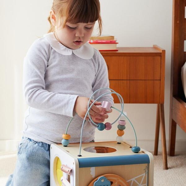 PolarB 8-in-1 Wooden Activity Cube for Toddlers, Sensory Learning Toy with Xylophone, Shape Sorter, Bead Maze, Mirror, Blackboard and More, Develops Fine Motor Skills and Creativity