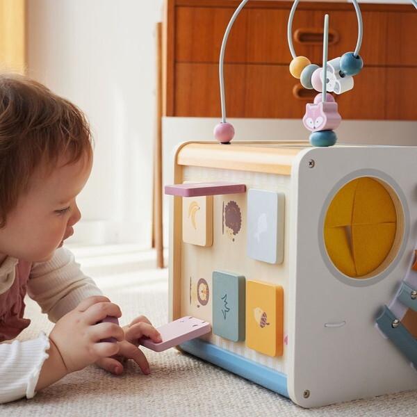 PolarB 8-in-1 Wooden Activity Cube for Toddlers, Sensory Learning Toy with Xylophone, Shape Sorter, Bead Maze, Mirror, Blackboard and More, Develops Fine Motor Skills and Creativity