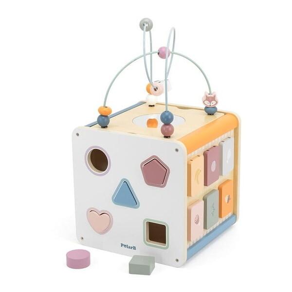 PolarB 8-in-1 Wooden Activity Cube for Toddlers, Sensory Learning Toy with Xylophone, Shape Sorter, Bead Maze, Mirror, Blackboard and More, Develops Fine Motor Skills and Creativity