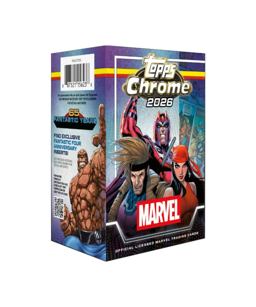 Topps Chrome Marvel Comics 2026 Value Box, 8 Packs with 4 Cards per Pack, 32 Trading Cards, 2 Exclusive RayWave Parallels, Fantastic Four Anniversary Inserts, 6+ Years