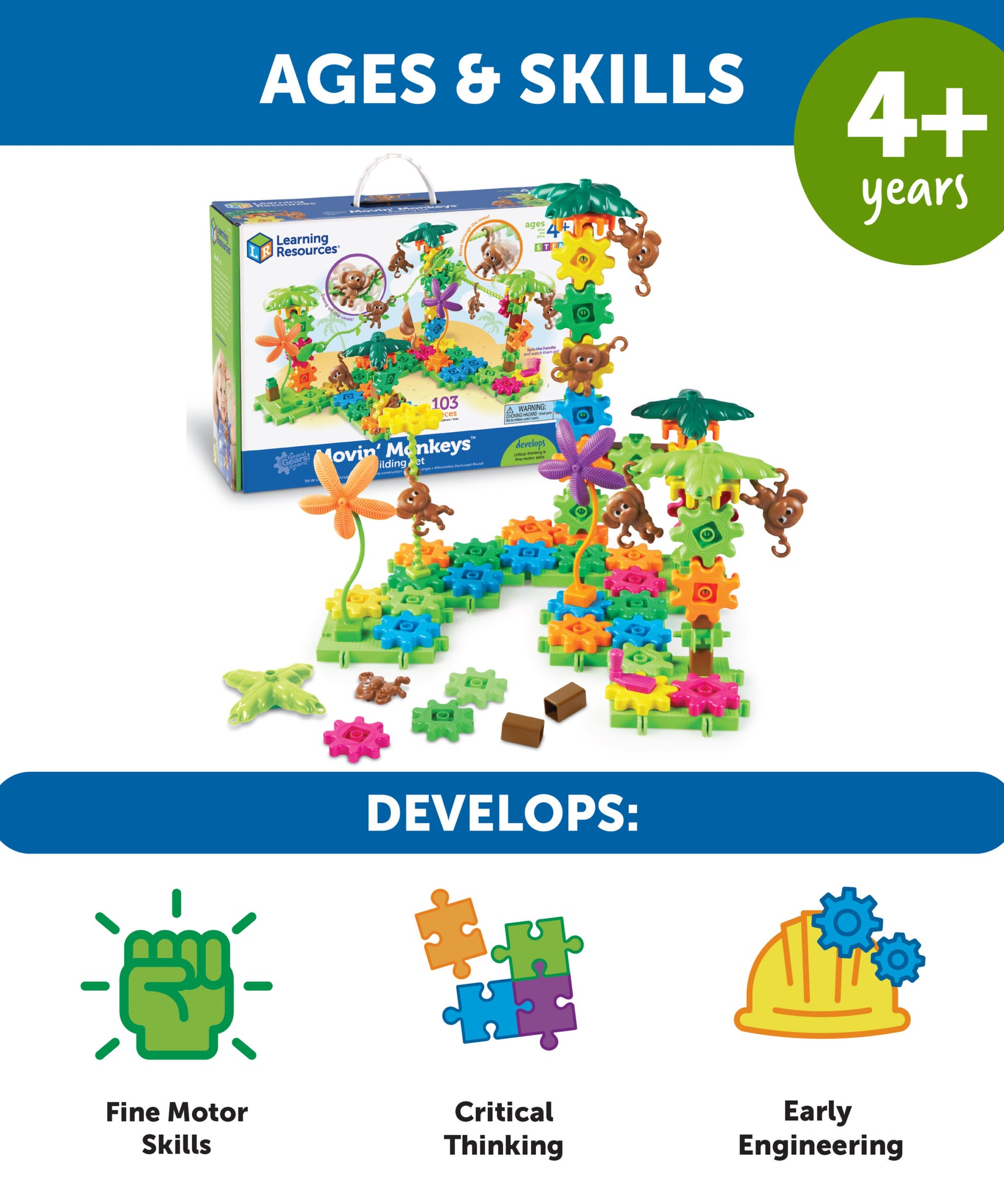 موارد تعليمية: تروس! تروس! تروس! مجموعة بناء القرود المتحركة، لعبة إبداعية مستوحاة من الغابة