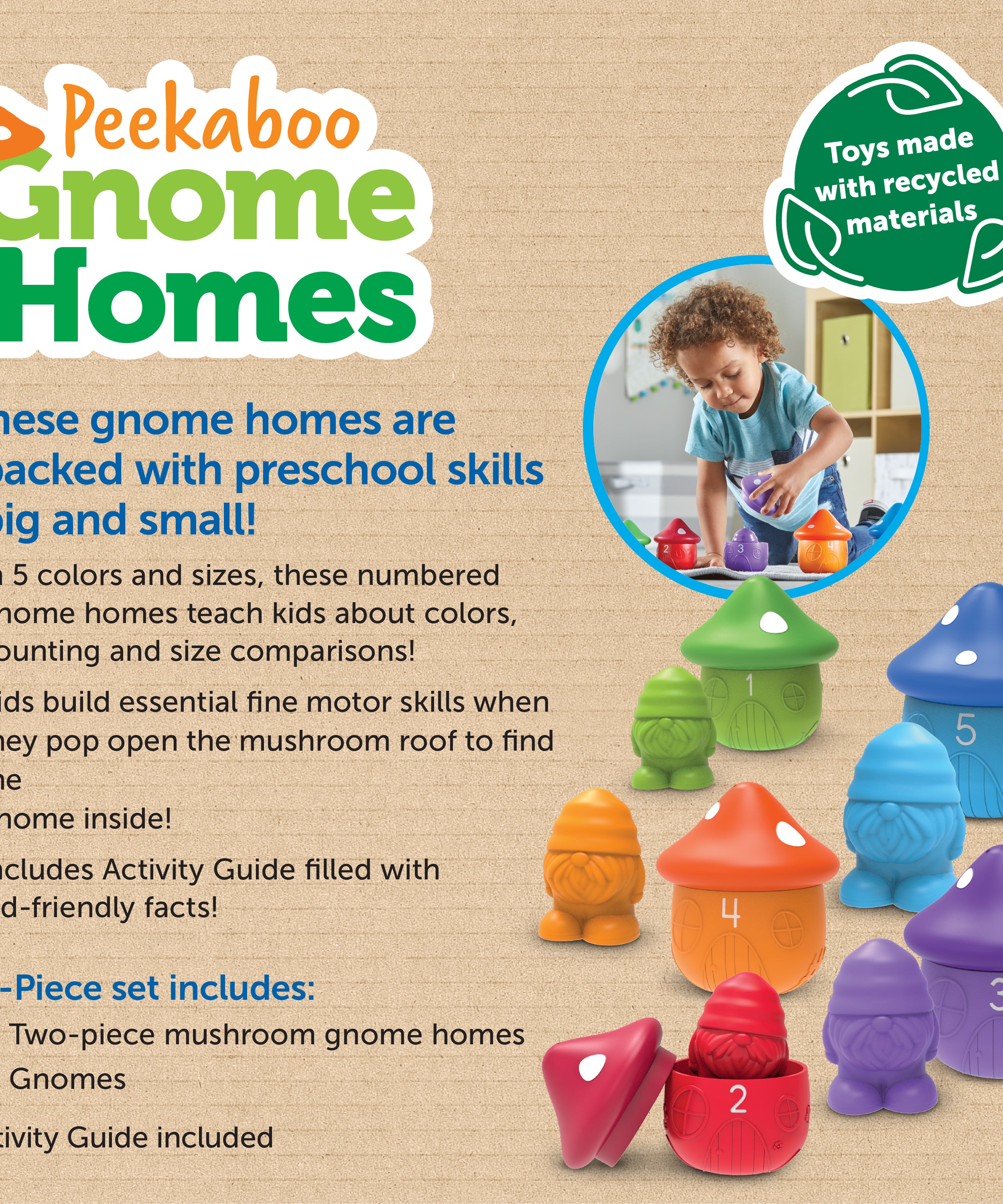 مجموعة ألعاب Peekaboo Gnome Homes، للتلوين والعد وتنمية المهارات الحركية الدقيقة، مع 5 تماثيل قزم ومنازل من فطر عيش الغراب، لعبة تعليمية مستدامة للأطفال الصغار من عمر 18 شهرًا فما فوق