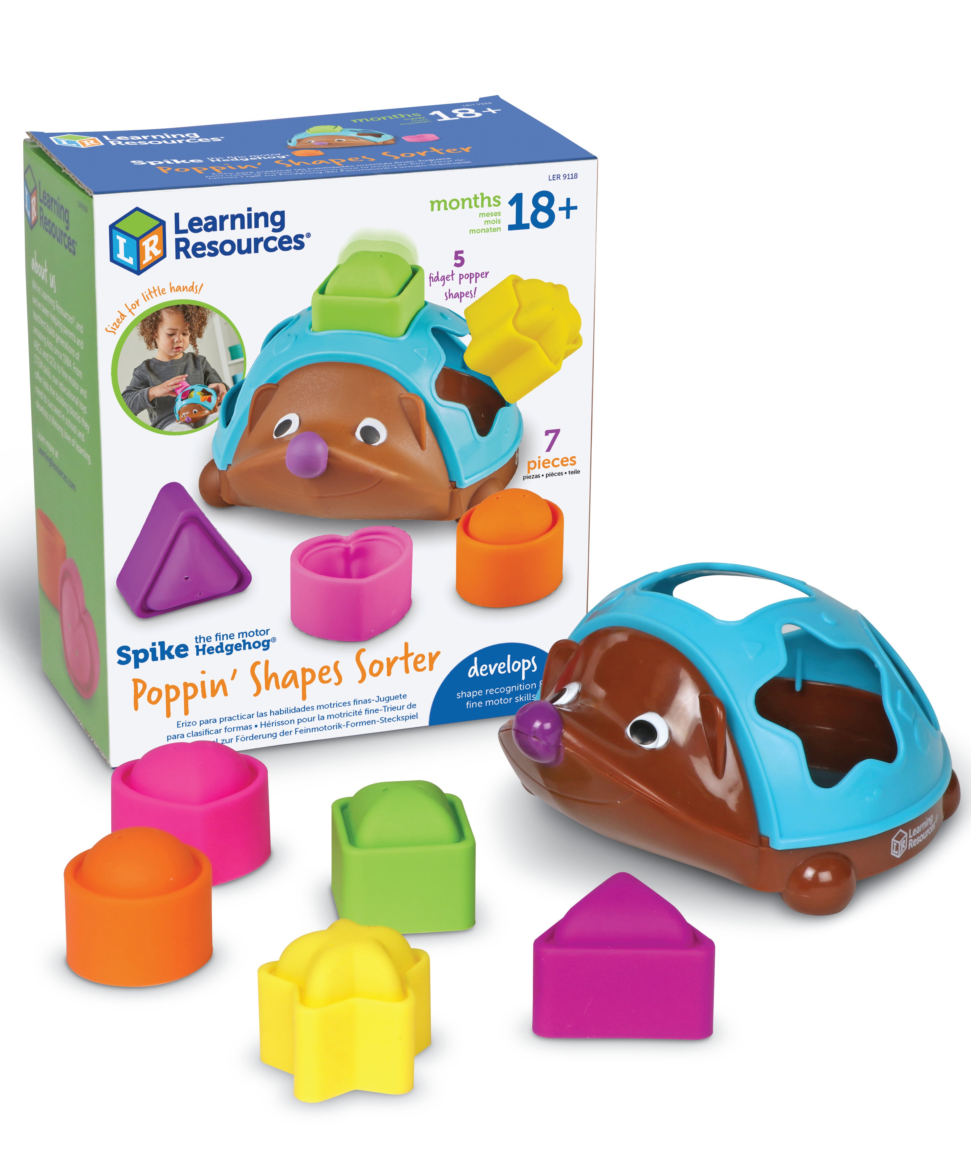 Learning Resources Spike The Fine Motor Hedgehog Poppinâ Shapes Sorter, 7-Piece Shape Sorting & Fidget Toy for Toddlers, Develops Fine Motor, Colour & Sensory Skills, Ages 18 Months+