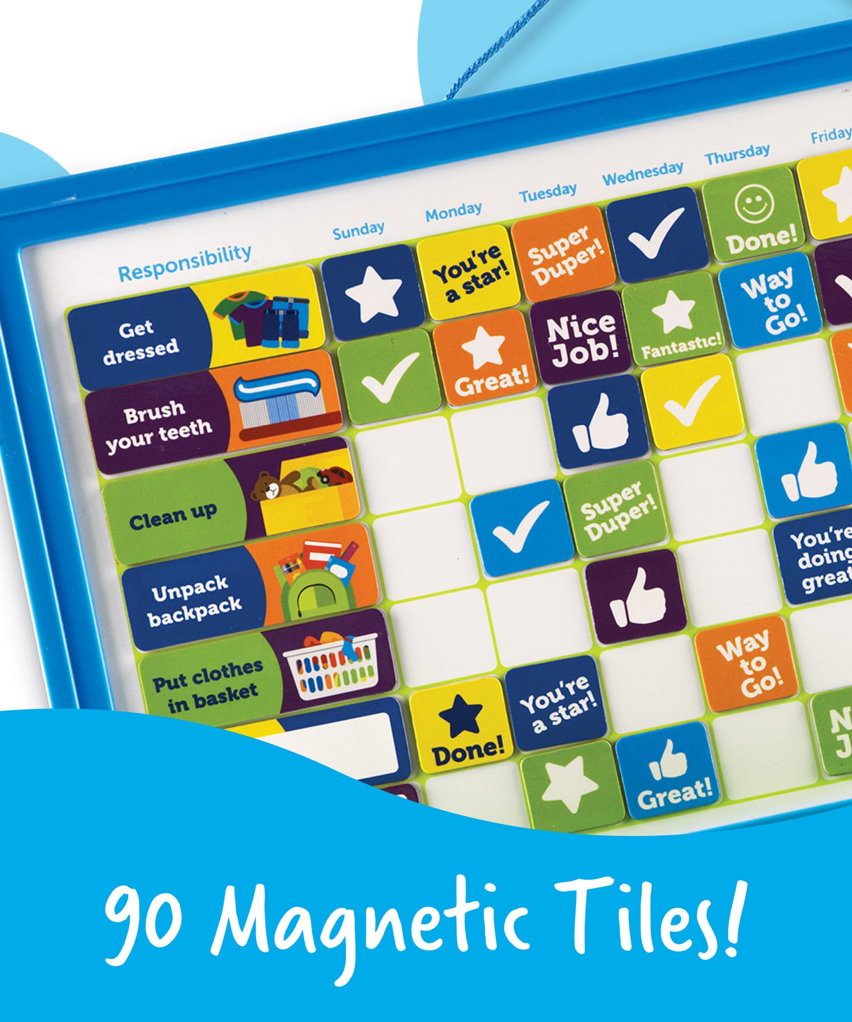 Learning Resources Good Job Magnetic Reward Chart for Kids, Customisable Behavior and Responsibility Tracker with 91 Magnets, Hanging Cord and Storage Tray, Ages 3+