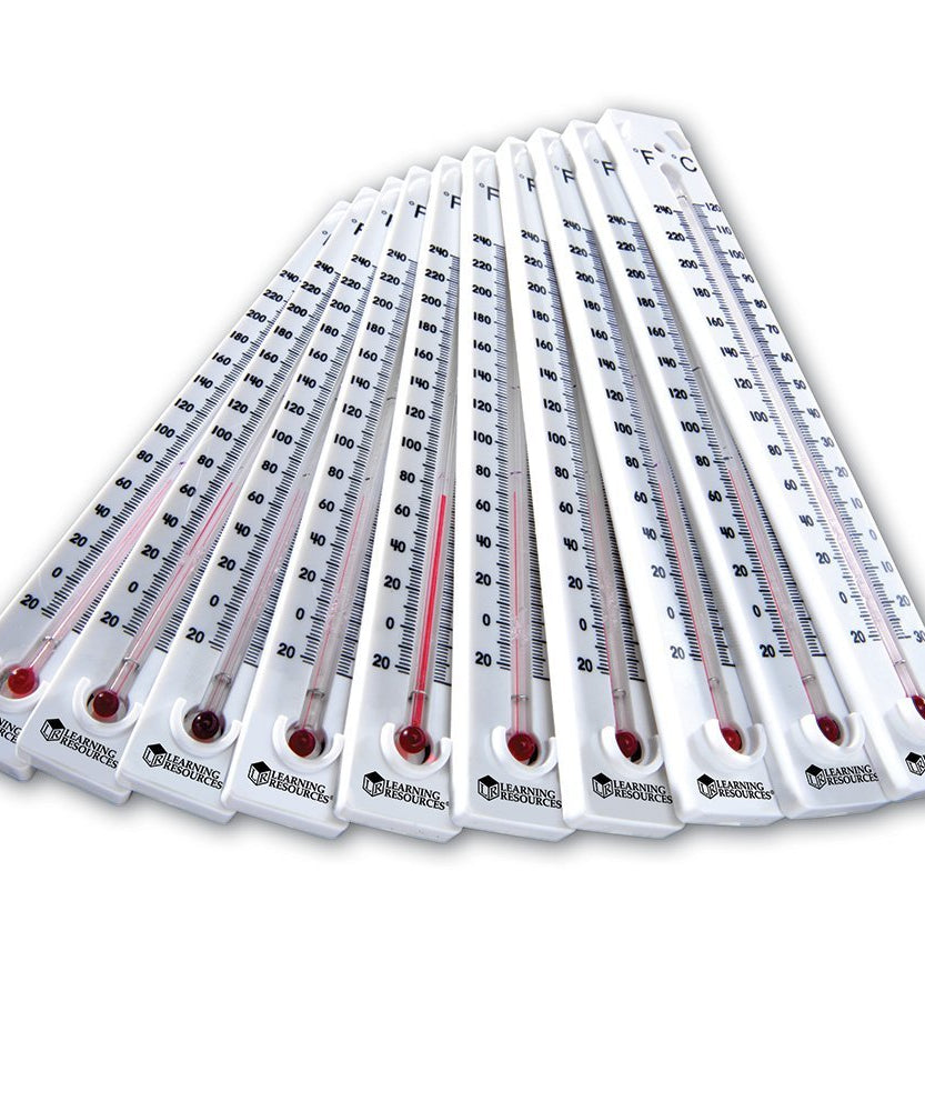 مقاييس حرارة نقطة الغليان من Learning Resources، مجموعة من 10 مقاييس حرارة علمية خالية من الزئبق، تقيس من -30 درجة مئوية إلى 120 درجة مئوية ومن -22 درجة فهرنهايت إلى 240 درجة فهرنهايت، آمنة للأطفال من سن 8 سنوات فما فوق