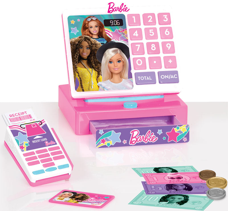 ماكينة تسجيل المدفوعات النقدية العصرية من باربي مع أصوات، وقارئ نقود وبطاقات ائتمان، ولعبة متجر لعب الأدوار للبنات، للأطفال من سن 3 سنوات فما فوق، وماكينات تسجيل المدفوعات النقدية