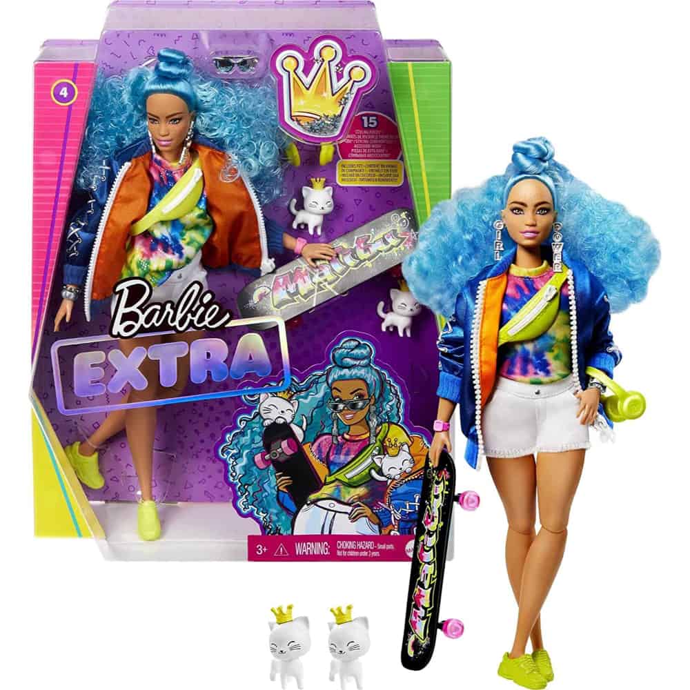 Barbie Fashionistas Extra Doll for Kids Ages 3 and Up, Blue Curly Hair, Stylish Dress and Accessories