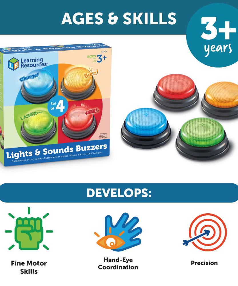 مصادر التعلم - أجهزة إنذار للإجابة مزودة بأضواء وأصوات (مجموعة من 4)، أجهزة إنذار مضيئة على طراز عروض الألعاب مع 4 أصوات مميزة للفصول الدراسية والألعاب العامة والمرح العائلي (للأعمار من 3 سنوات فما فوق)