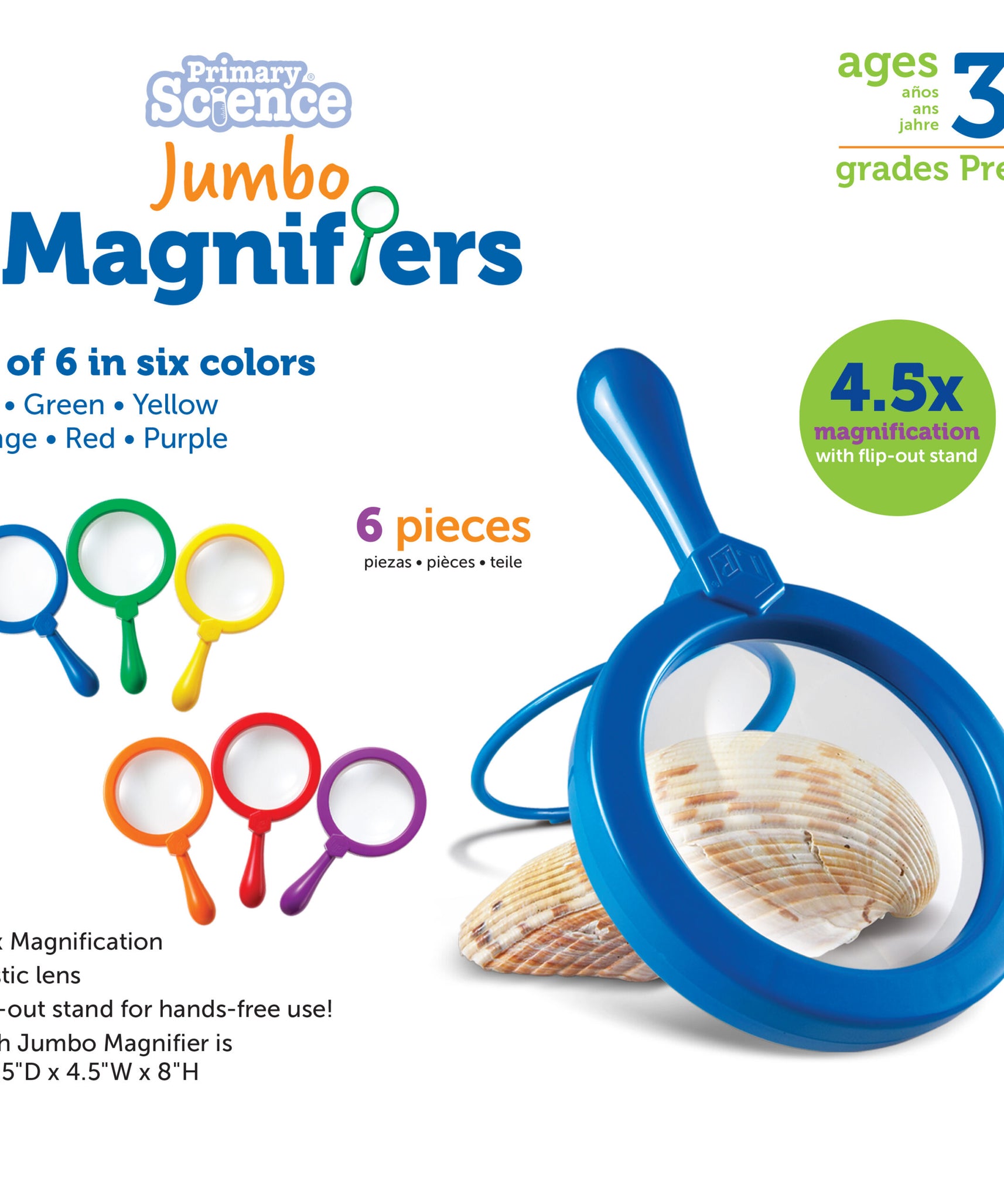 مجموعة من 6 عدسات مكبرة كبيرة للعلوم الأساسية من Learning Resources، تكبير 4.5x، حامل مدمج، مثالية للأيدي الصغيرة، مثالية لدروس علوم الحياة، للأعمار من 3 سنوات فما فوق