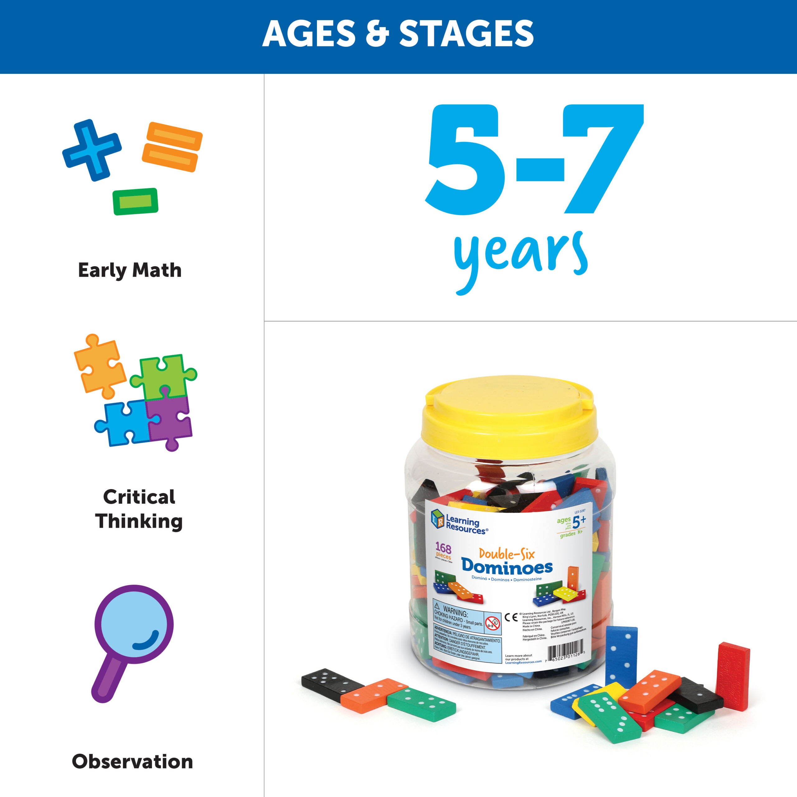 مجموعة دومينو خشبية مزدوجة الستة من Learning Resources، مكونة من 168 قطعة دومينو خشبية ملونة لأنشطة الرياضيات المبكرة، تتضمن دليل الأنشطة، للأعمار من 5 سنوات فما فوق