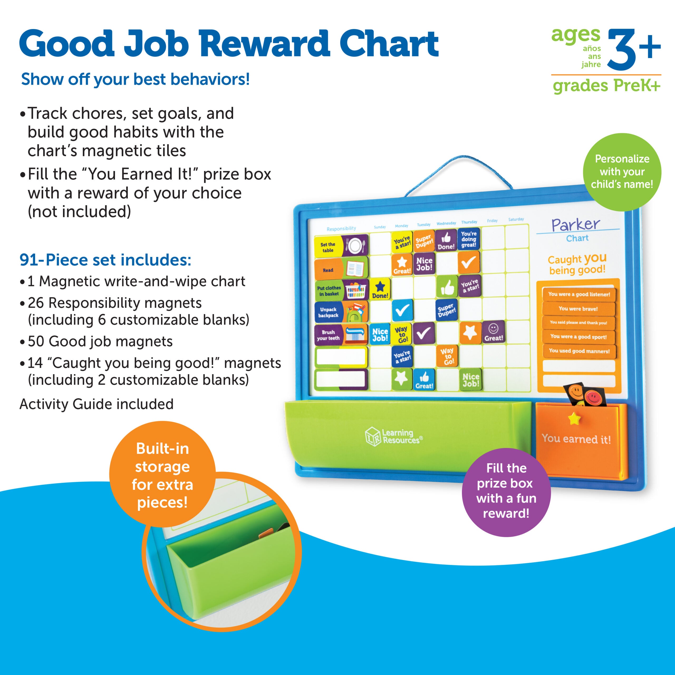 Learning Resources Good Job Magnetic Reward Chart for Kids, Customisable Behavior and Responsibility Tracker with 91 Magnets, Hanging Cord and Storage Tray, Ages 3+