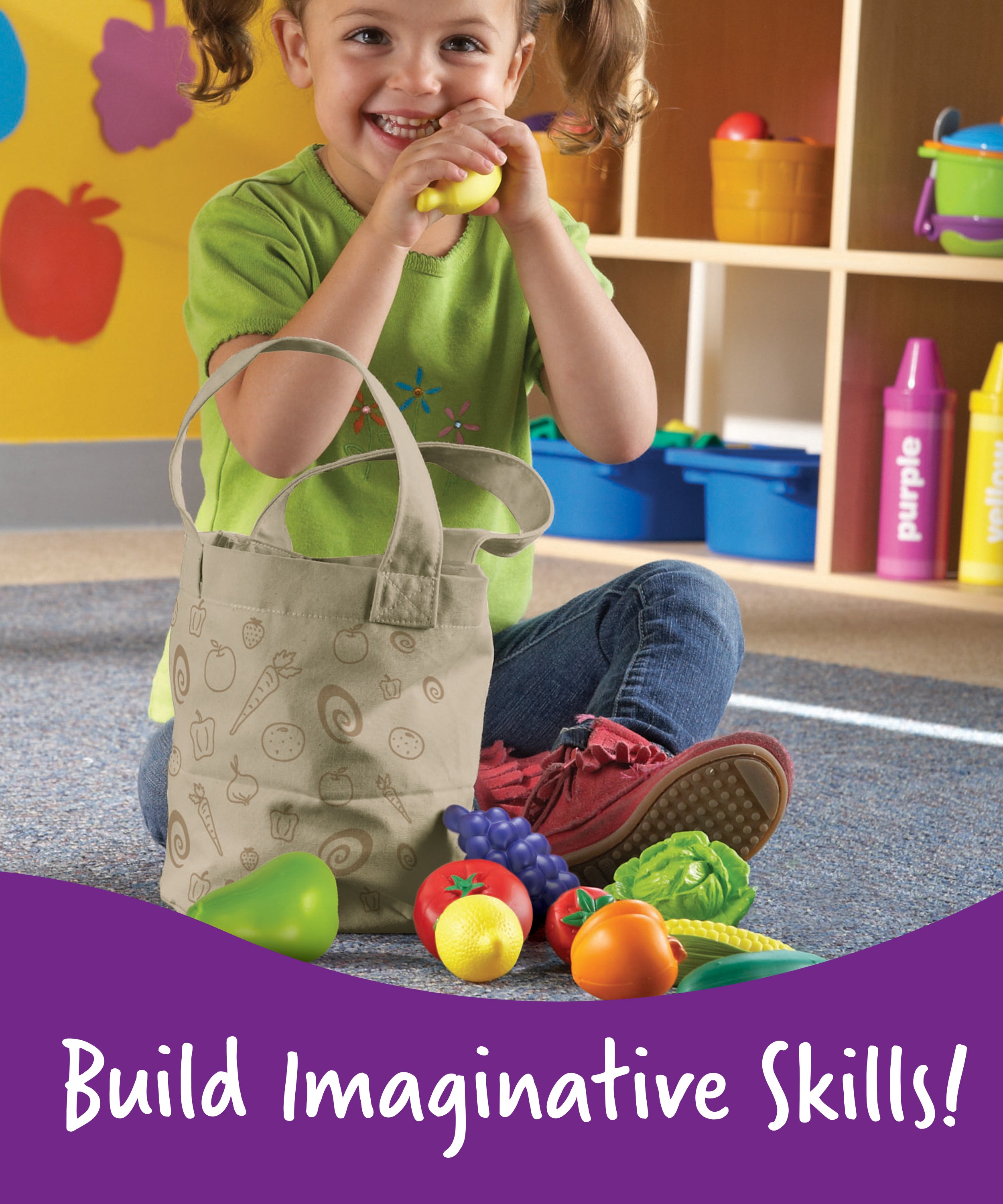 Learning Resources New Sprouts Fruit and Veg Tote, 20 Piece Pretend Food Set for Toddlers, Soft Touch Play Food for Role Play and Healthy Eating, Ages 2+