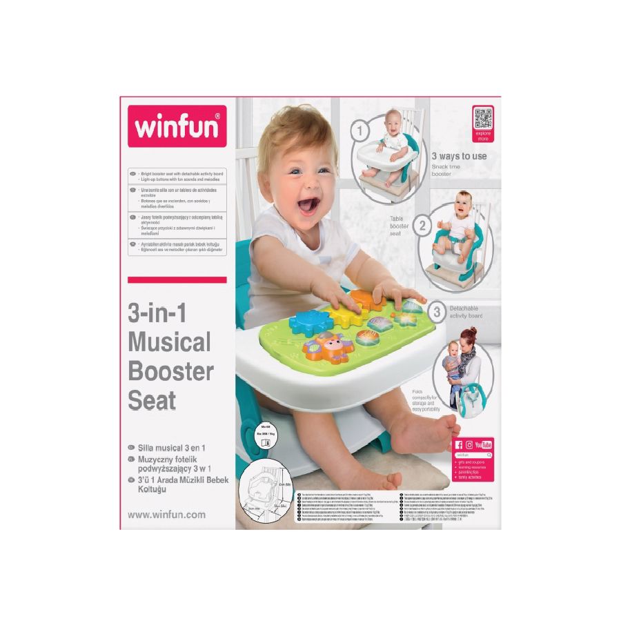 Winfun 3-in-1 Musical Booster Seat for Toddlers Age 6 to 36 Months with Activity Tray, Light-Up Buttons, Songs, and Foldable Design