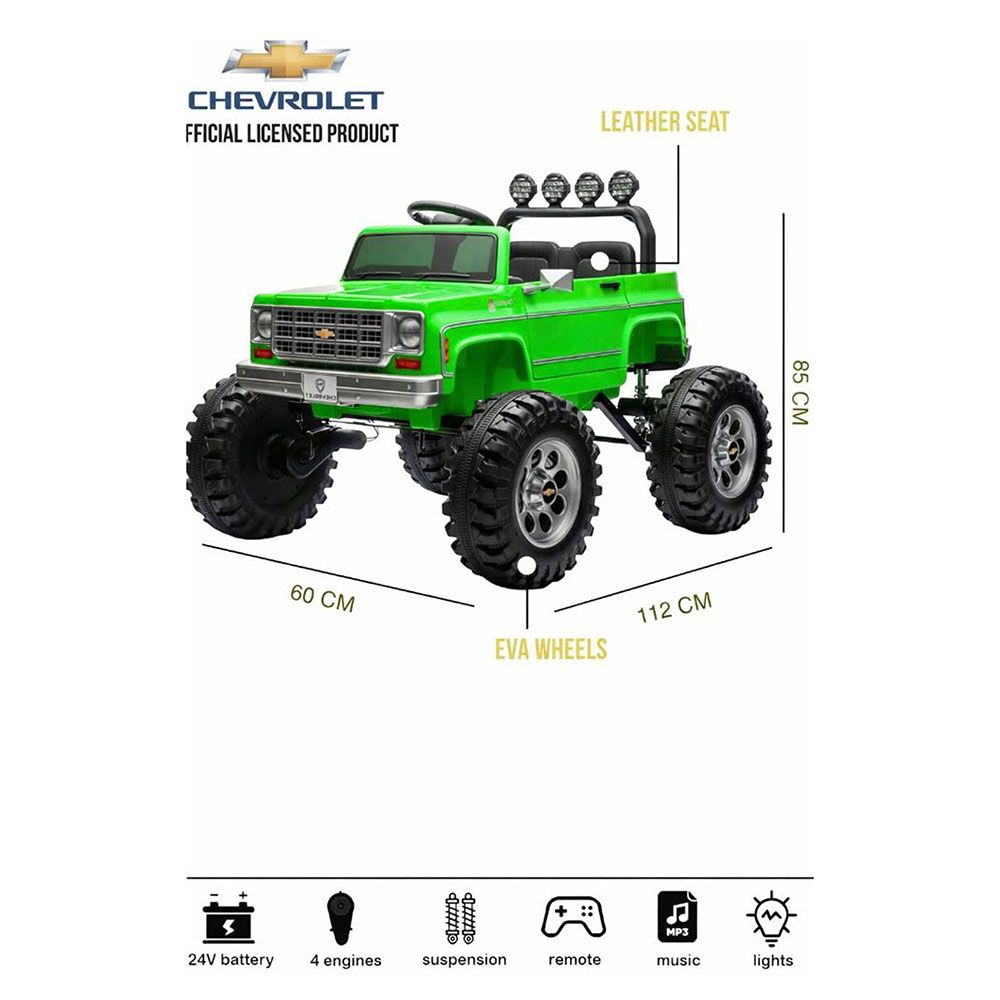 Chevrolet Cheyenne 24V 4 Motor Ride-On Pickup Truck for Kids, 3+ Years, 2 Seater, Parental Remote, LED Lights, Music Player, Storage Basket