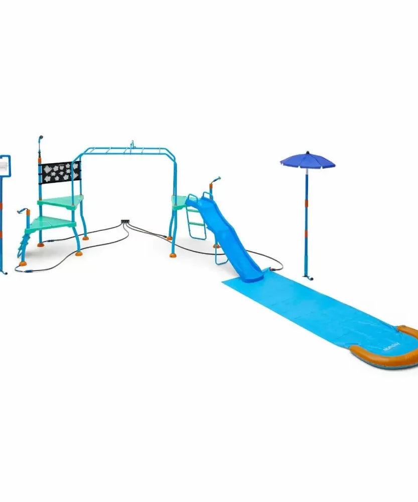 Plum Collection Water Park Blaster Course, Outdoor Splash Playset with Monkey Bars, Water Blasters and Sprinklers, Backyard Water Park for Kids 4+
