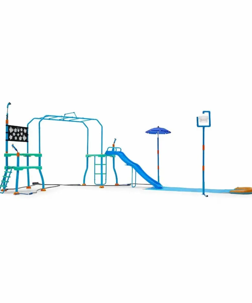 Plum Collection Water Park Blaster Course, Outdoor Splash Playset with Monkey Bars, Water Blasters and Sprinklers, Backyard Water Park for Kids 4+