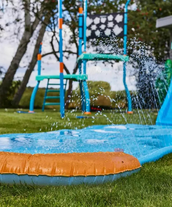 Plum Collection Water Park Blaster Course, Outdoor Splash Playset with Monkey Bars, Water Blasters and Sprinklers, Backyard Water Park for Kids 4+