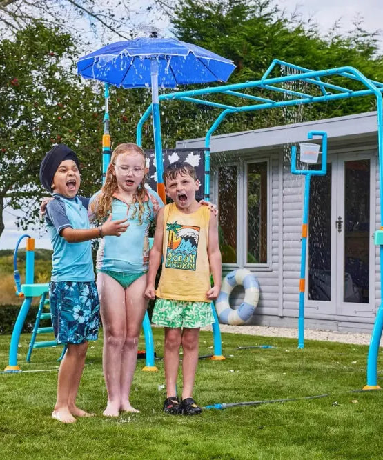 Plum Collection Water Park Blaster Course, Outdoor Splash Playset with Monkey Bars, Water Blasters and Sprinklers, Backyard Water Park for Kids 4+