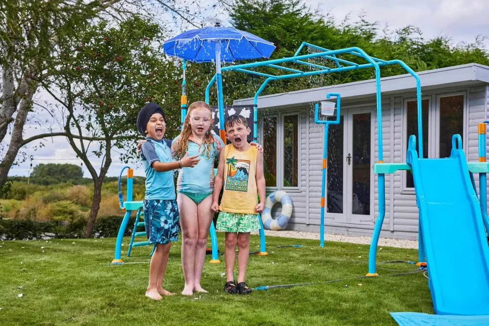 Plum Collection Water Park Blaster Course, Outdoor Splash Playset with Monkey Bars, Water Blasters and Sprinklers, Backyard Water Park for Kids 4+