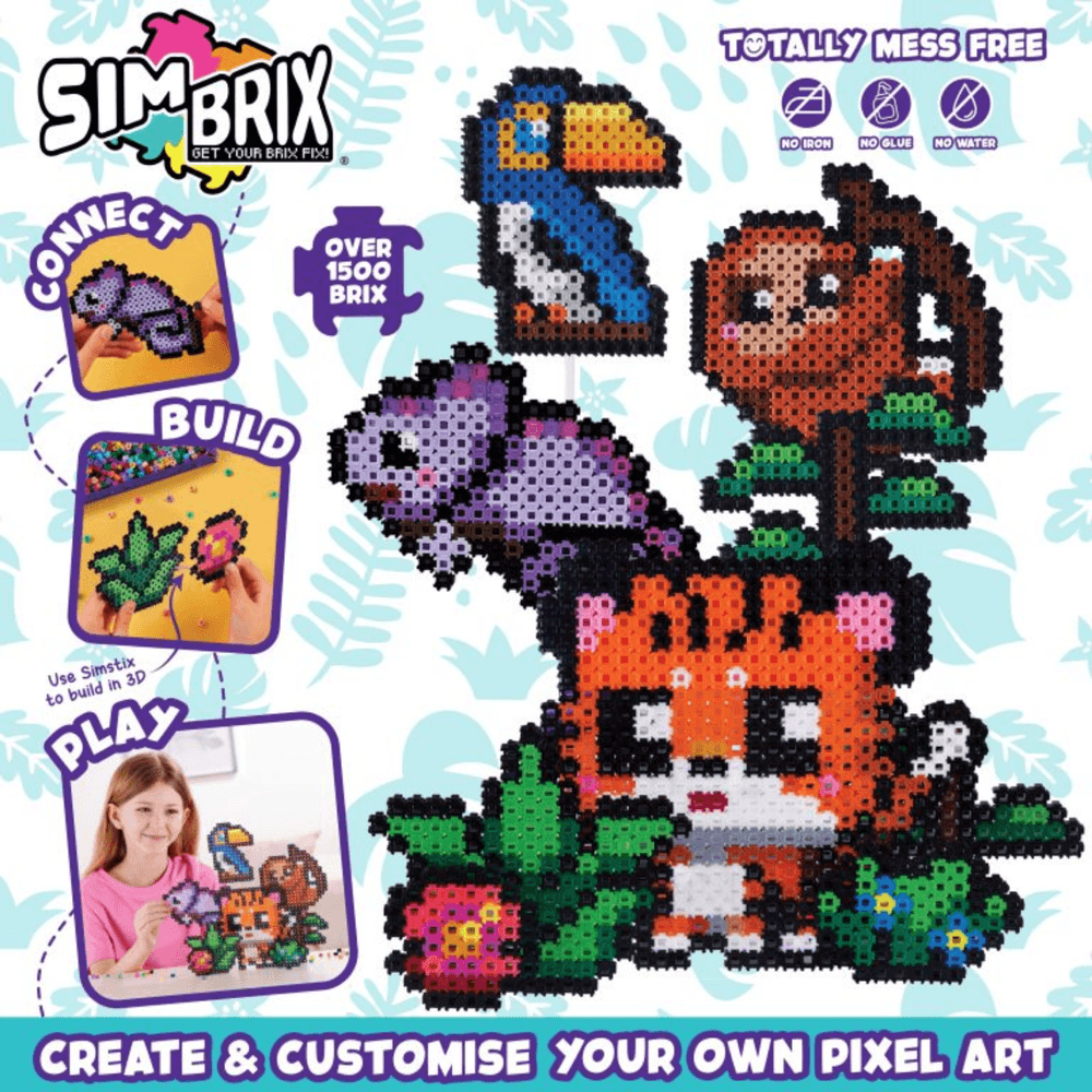 خيارات الشخصيات Simbrix Connect &amp; Wow Jungle Party Pack مع أكثر من 1500 بريكس، لعبة بناء Pixel Arts and Crafts ثنائية وثلاثية الأبعاد، لعبة بناء STEAM إبداعية وخيالية للأولاد والبنات من سن 5 سنوات فما فوق