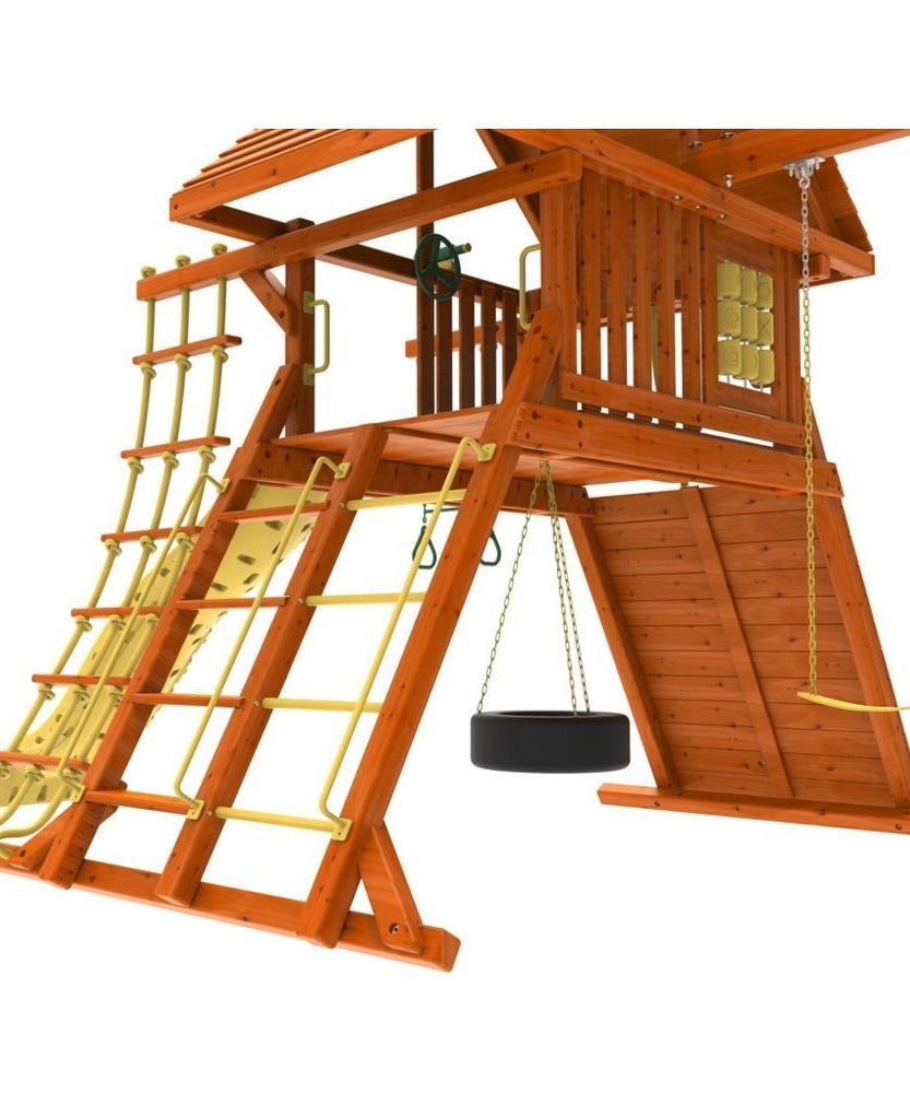 Kiddoro Discovery Den Wooden Swing Set, Backyard Adventure Playset with Swings, Slide, Climbing Wall & Clubhouse, Kids 2+ Years