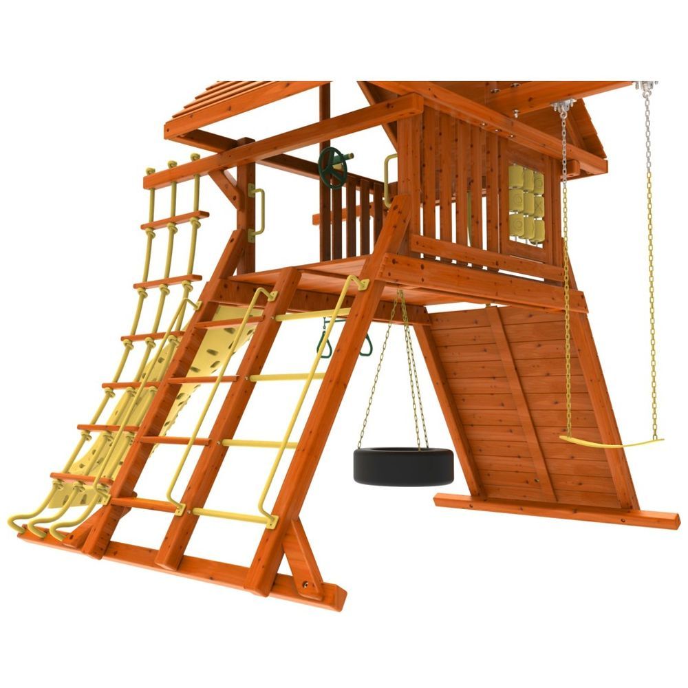 Kiddoro Discovery Den Wooden Swing Set, Backyard Adventure Playset with Swings, Slide, Climbing Wall & Clubhouse, Kids 2+ Years