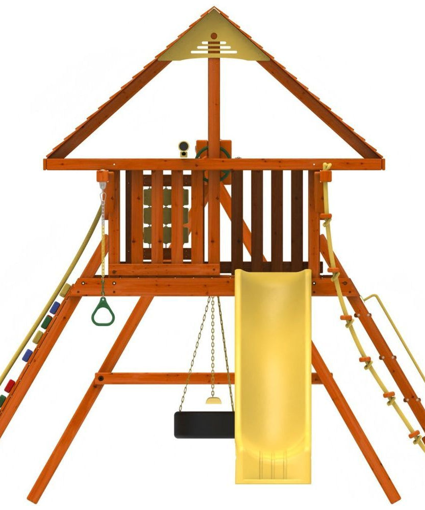 Kiddoro Discovery Den Wooden Swing Set, Backyard Adventure Playset with Swings, Slide, Climbing Wall & Clubhouse, Kids 2+ Years