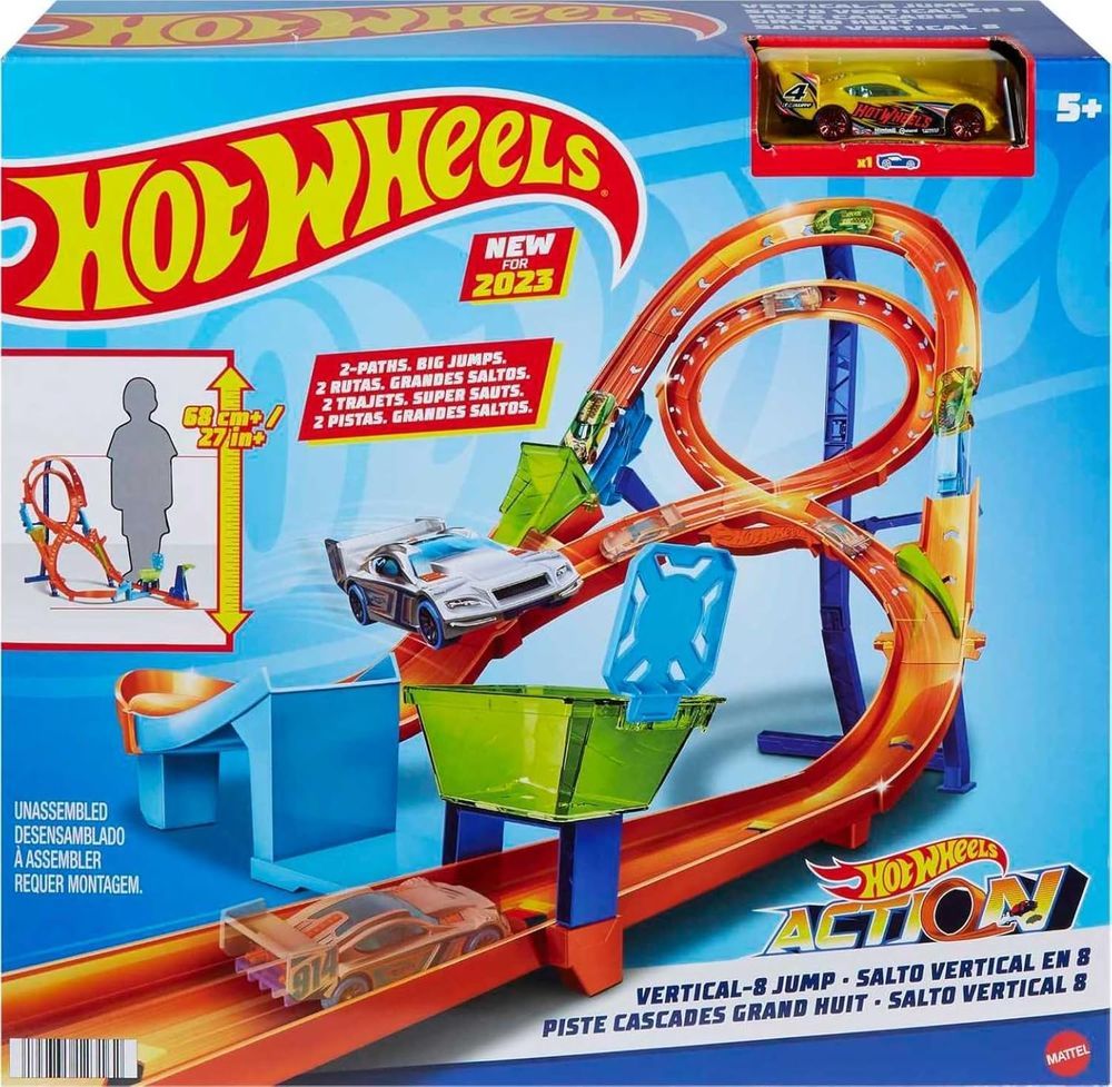 Hot Wheels Action Vertical 8 Jump Track Set, Two-Path Stunt and Race Track with Catch Cup, Includes 1 Hot Wheels Vehicle, Connects to Other Sets, Kids Toys for Ages 3 and Up