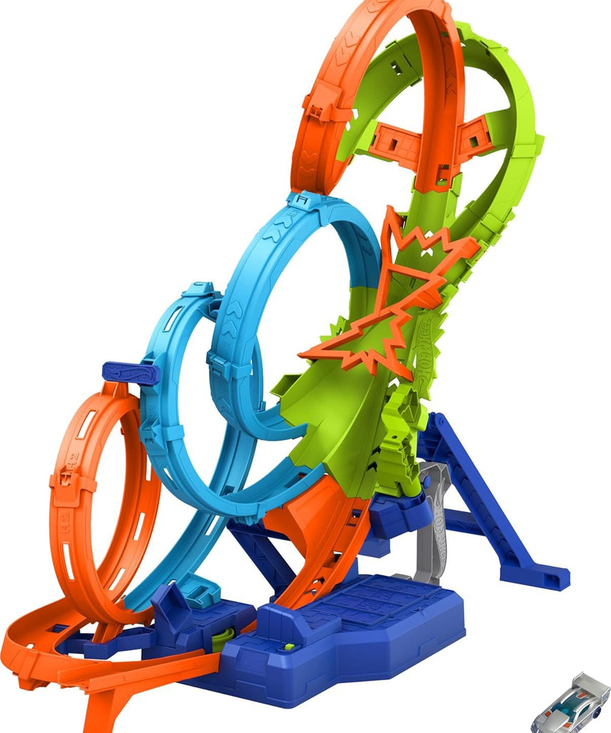 Hot Wheels Action 4-Loop Crash Out Track Set, Toy Car Track with 4 Loops, 3-Way Crash Zone, Motorized Booster, Folds for Storage, Includes 1:64 Scale Car, Kids Toys