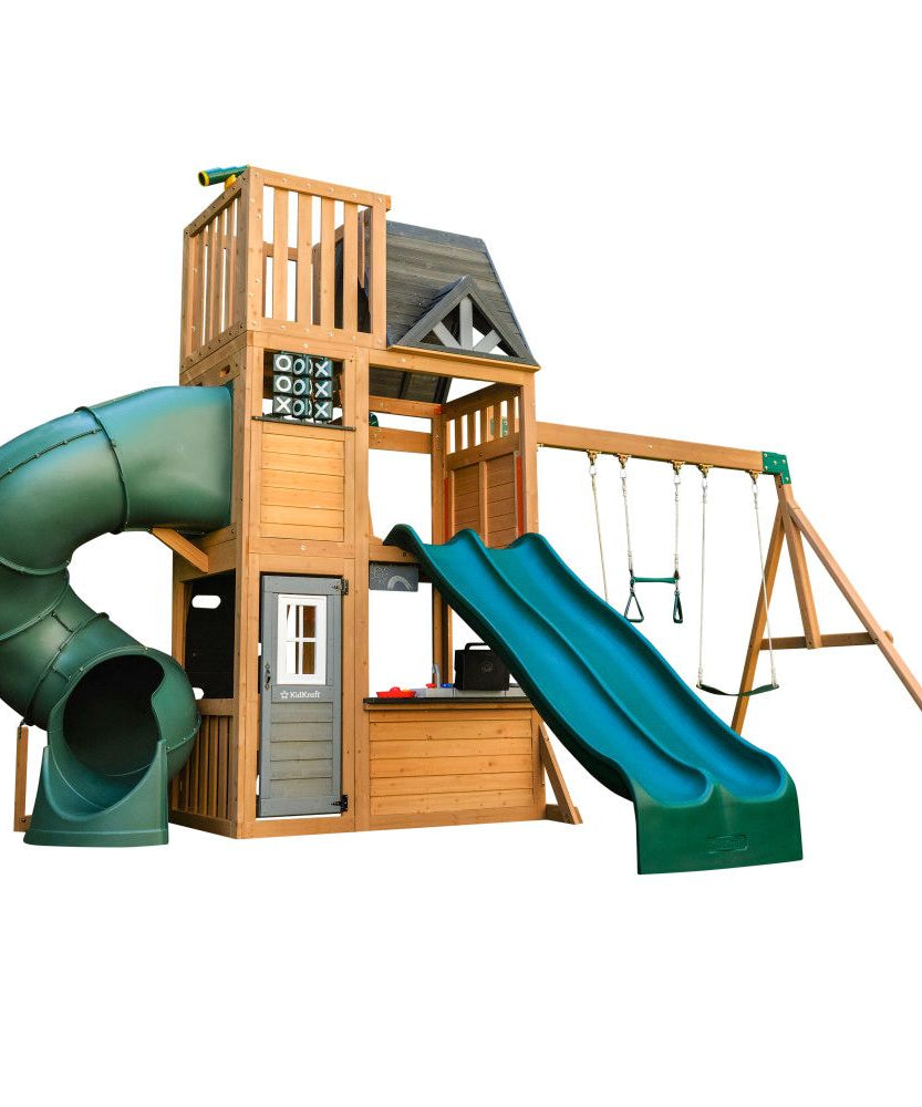 KidKraft Summit View Wooden Swing Set / Playset – Deluxe Outdoor Clubhouse with Slides, Swings, Fireman’s Pole, and Kitchen for Kids Age 3-10 Years
