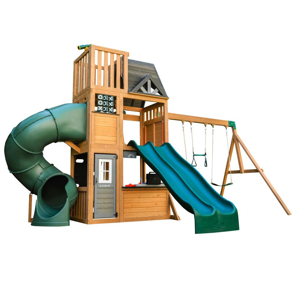 KidKraft Summit View Wooden Swing Set / Playset – Deluxe Outdoor Clubhouse with Slides, Swings, Fireman’s Pole, and Kitchen for Kids Age 3-10 Years