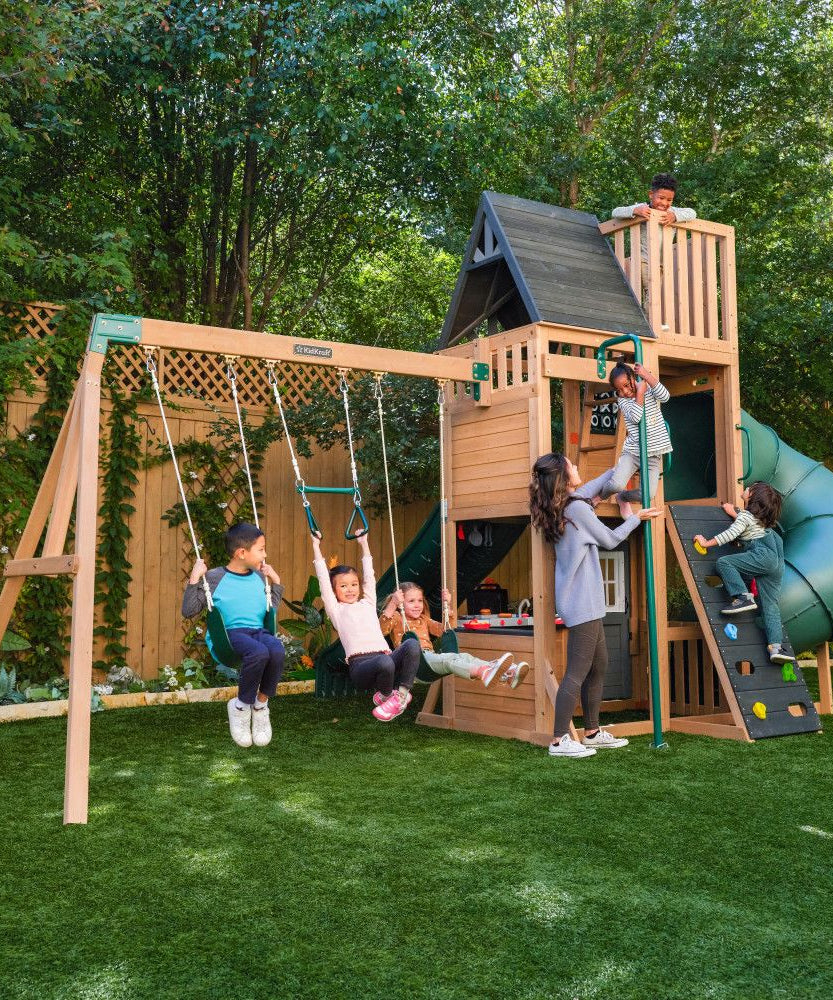 KidKraft Summit View Wooden Swing Set / Playset – Deluxe Outdoor Clubhouse with Slides, Swings, Fireman’s Pole, and Kitchen for Kids Age 3-10 Years