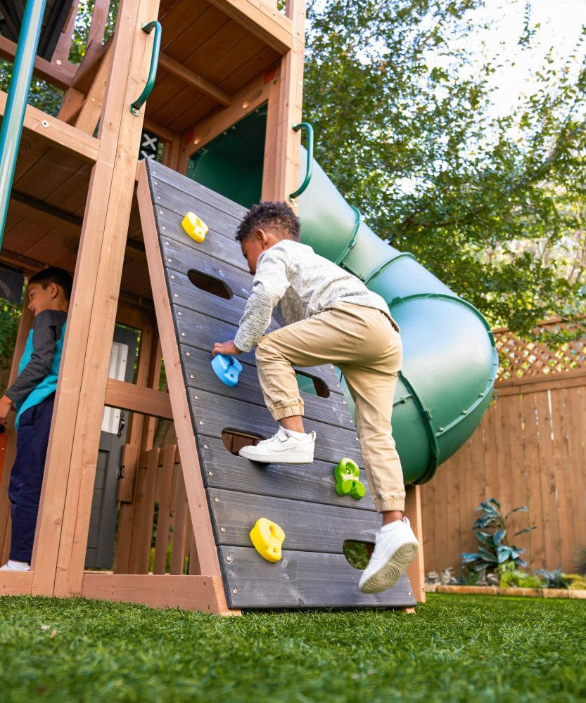 KidKraft Summit View Wooden Swing Set / Playset – Deluxe Outdoor Clubhouse with Slides, Swings, Fireman’s Pole, and Kitchen for Kids Age 3-10 Years