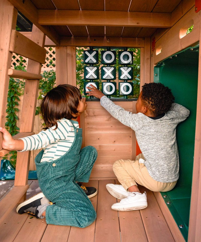 KidKraft Summit View Wooden Swing Set / Playset – Deluxe Outdoor Clubhouse with Slides, Swings, Fireman’s Pole, and Kitchen for Kids Age 3-10 Years