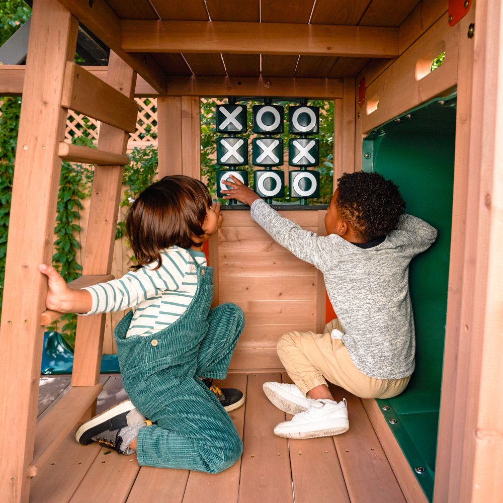 KidKraft Summit View Wooden Swing Set / Playset – Deluxe Outdoor Clubhouse with Slides, Swings, Fireman’s Pole, and Kitchen for Kids Age 3-10 Years