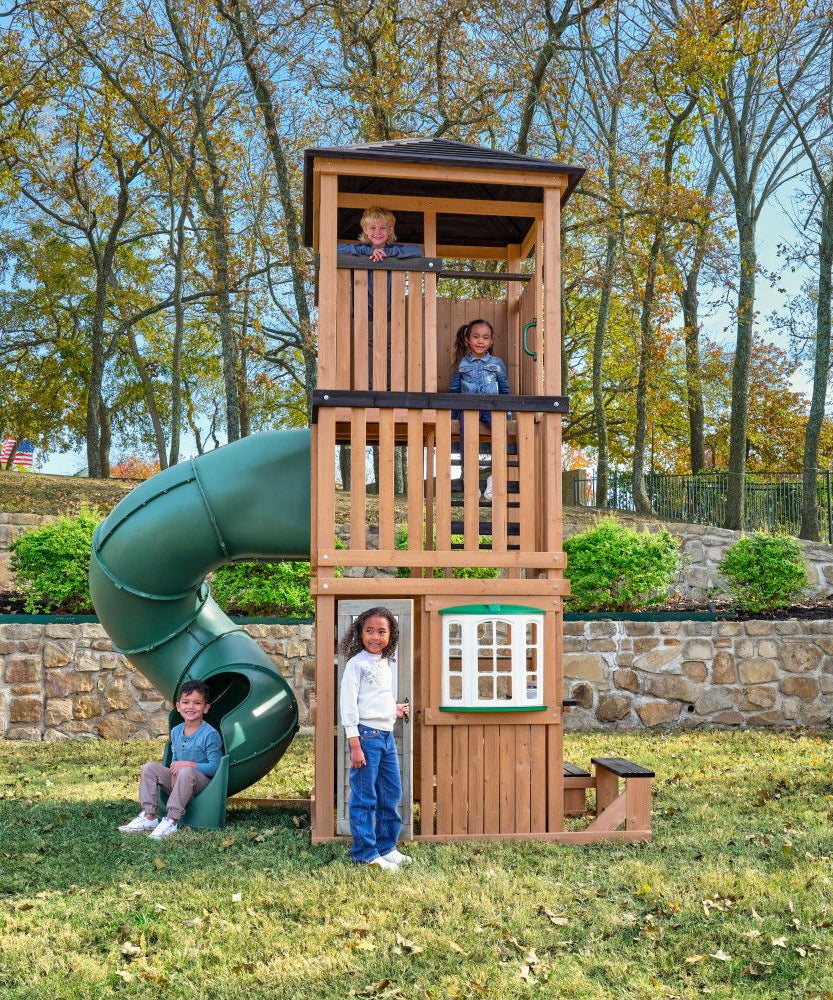 KidKraft Panorama Tower Outdoor Playhouse, 3-Story Wooden Playhouse with Rock Wall, Tunnel Slide, Kitchen and Crow’s Nest
