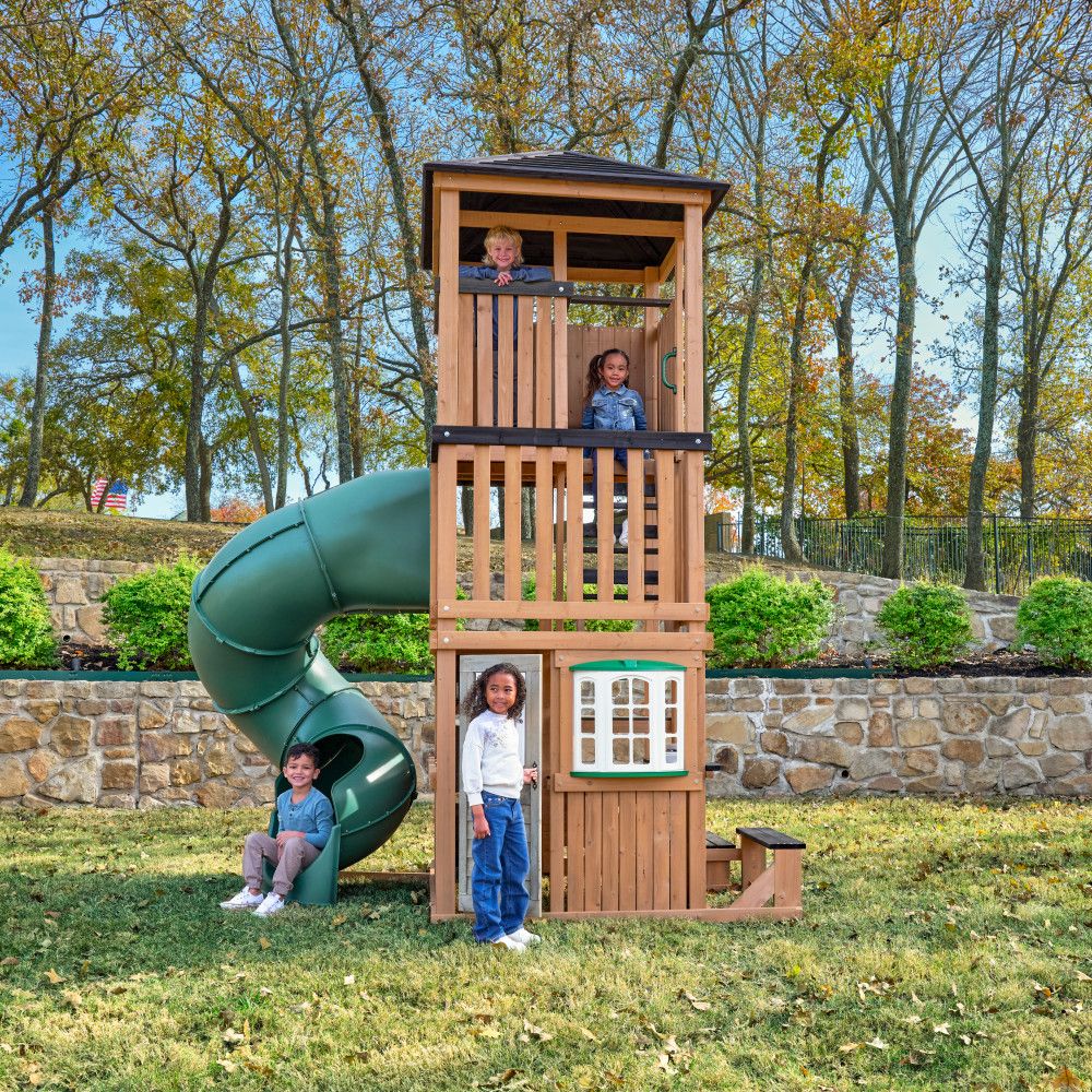 KidKraft Panorama Tower Outdoor Playhouse, 3-Story Wooden Playhouse with Rock Wall, Tunnel Slide, Kitchen and Crow’s Nest