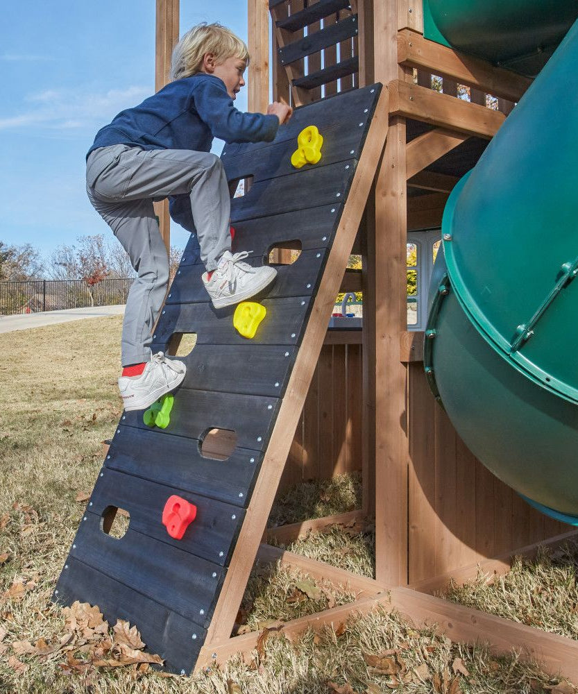 KidKraft Panorama Tower Outdoor Playhouse, 3-Story Wooden Playhouse with Rock Wall, Tunnel Slide, Kitchen and Crow’s Nest