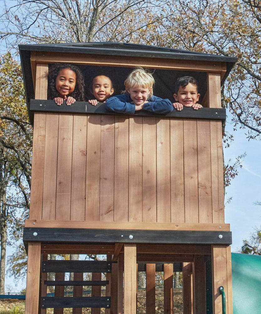 KidKraft Panorama Tower Outdoor Playhouse, 3-Story Wooden Playhouse with Rock Wall, Tunnel Slide, Kitchen and Crow’s Nest