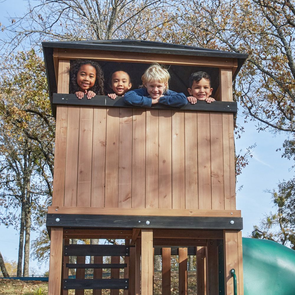 KidKraft Panorama Tower Outdoor Playhouse, 3-Story Wooden Playhouse with Rock Wall, Tunnel Slide, Kitchen and Crow’s Nest