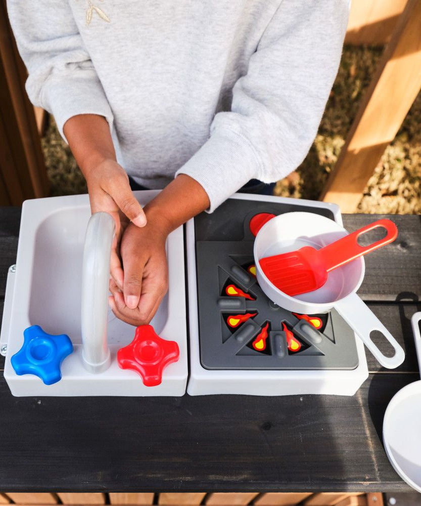 KidKraft Panorama Tower Outdoor Playhouse, 3-Story Wooden Playhouse with Rock Wall, Tunnel Slide, Kitchen and Crow’s Nest