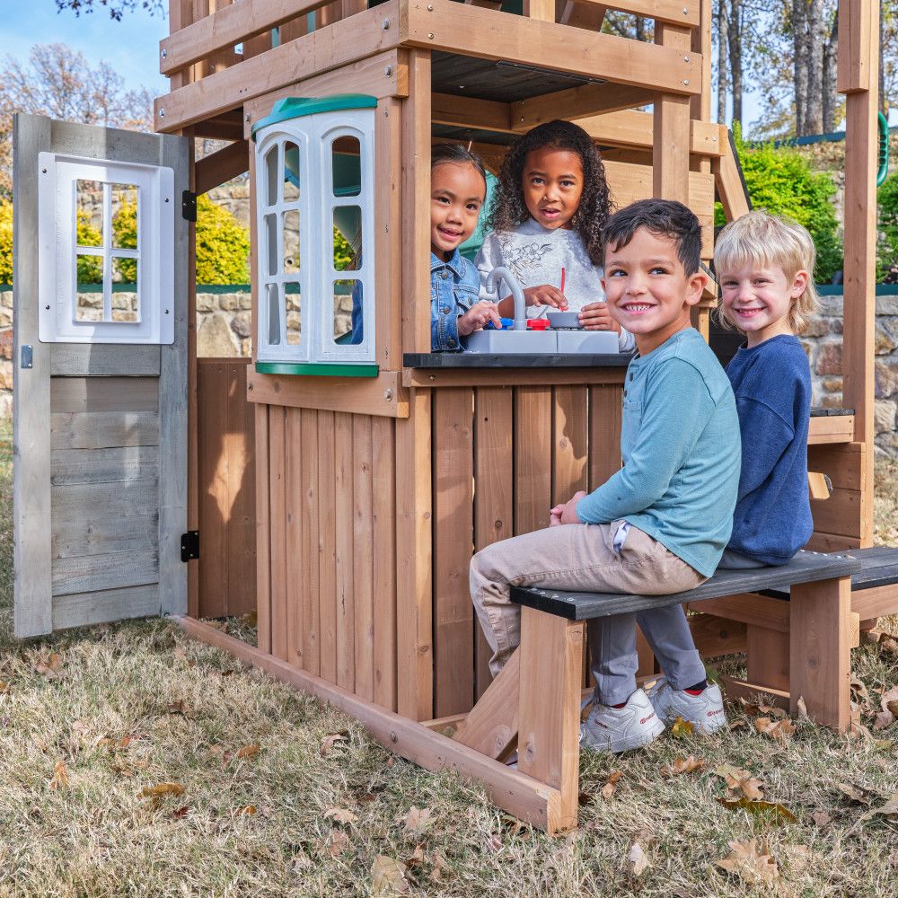 KidKraft Panorama Tower Outdoor Playhouse, 3-Story Wooden Playhouse with Rock Wall, Tunnel Slide, Kitchen and Crow’s Nest