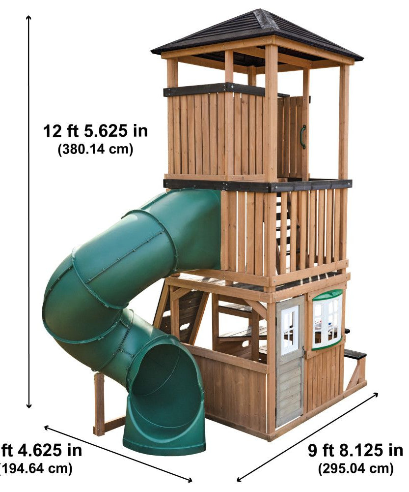 KidKraft Panorama Tower Outdoor Playhouse, 3-Story Wooden Playhouse with Rock Wall, Tunnel Slide, Kitchen and Crow’s Nest