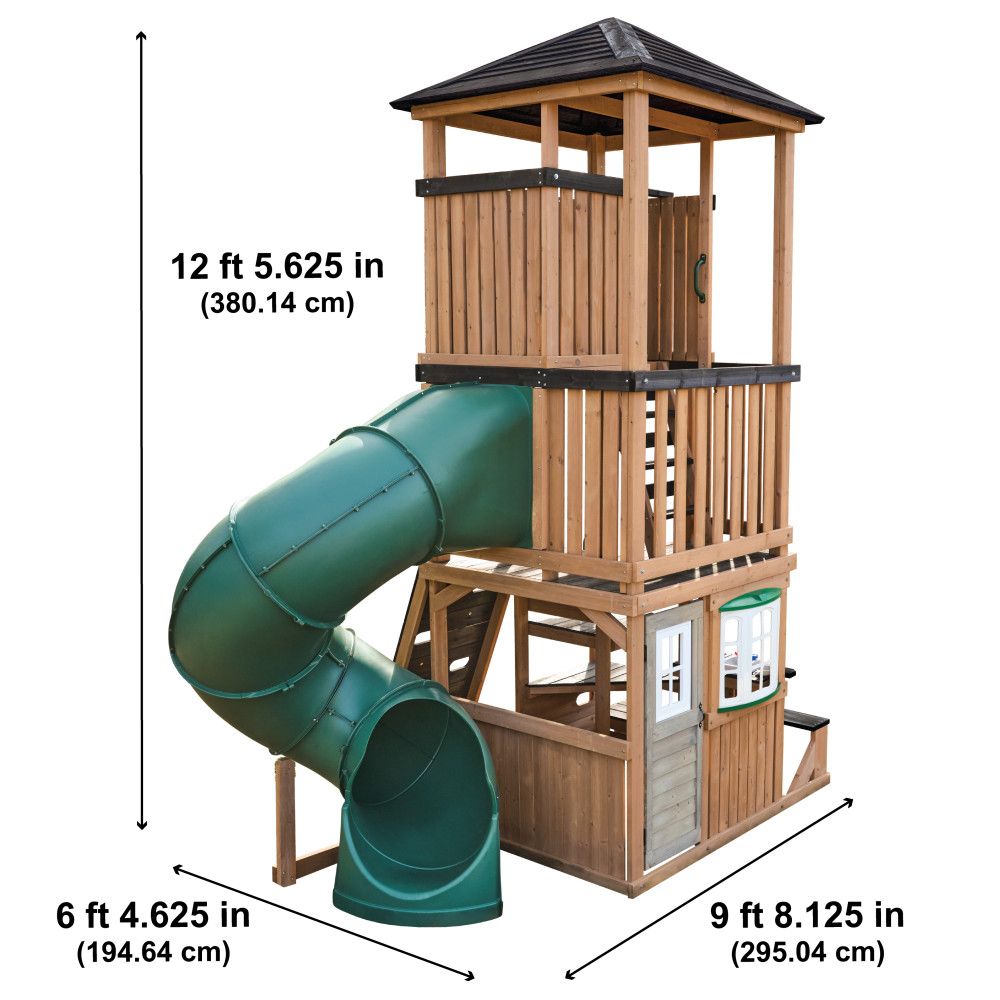 KidKraft Panorama Tower Outdoor Playhouse, 3-Story Wooden Playhouse with Rock Wall, Tunnel Slide, Kitchen and Crow’s Nest