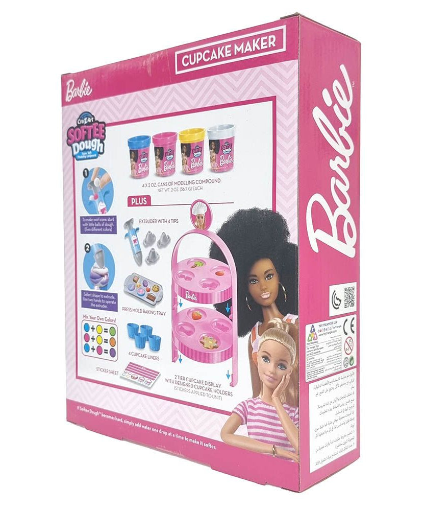 مجموعة صنع الكب كيك من باربي سوفتي دو للأطفال من سن 3 سنوات فما فوق، مجموعة لعب DIY مع عجينة 4 ألوان، وطارد، وشاشة متعددة الطبقات من أجل متعة صنع الكب كيك الإبداعية