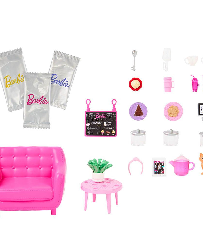 Mattel Games Barbie Self-Care Tea Shop Playset, 22 Piece Cafe Set with Doll, Colour Change Teapot, Pet Kitten, Pretend Drinks and Accessories for Kids