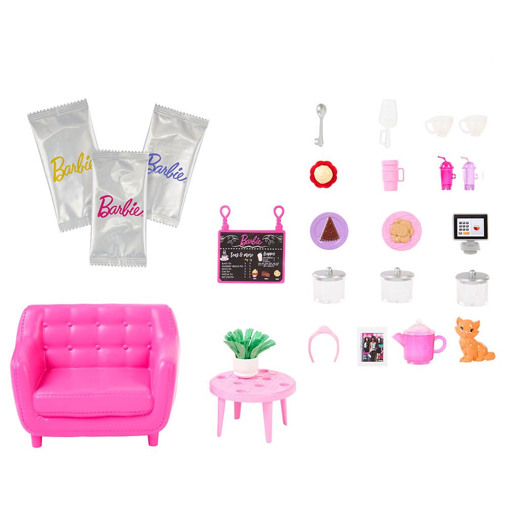 Mattel Games Barbie Self-Care Tea Shop Playset, 22 Piece Cafe Set with Doll, Colour Change Teapot, Pet Kitten, Pretend Drinks and Accessories for Kids